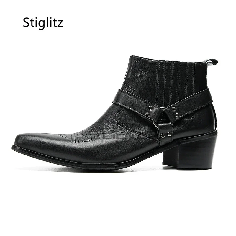 Embroidery On Leather - Black Leather Embroidery Men's Boots High-Heeled