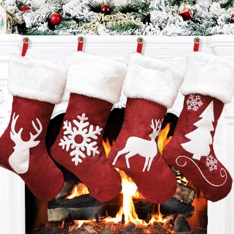 Embroidery Xmas Stocking - Red Santa Stocking Elk Snowflake Gift