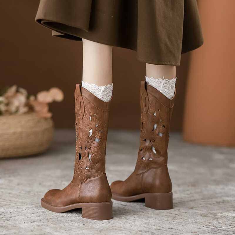 Embroidery On Leather - Fashion Retro Elegant Brown Cowboy Boots