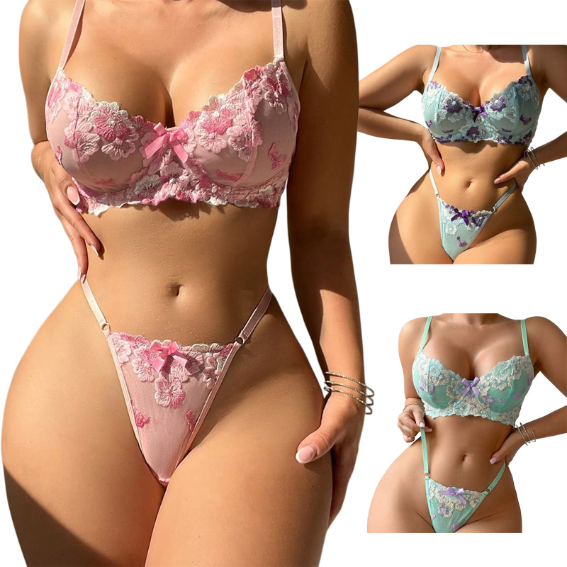 Embroidery Underwear - Embroidery Pink Floral Romantic Embroidery Sexy
