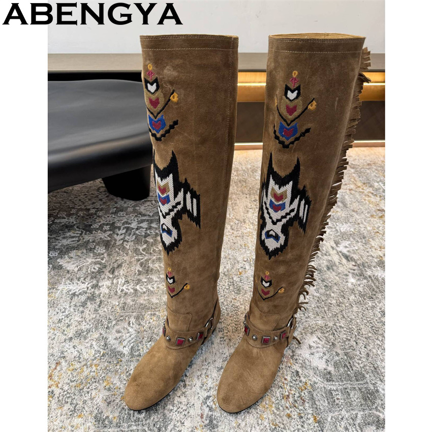 Embroidery On Leather - ABENGYA 2026 Winter New Knee High