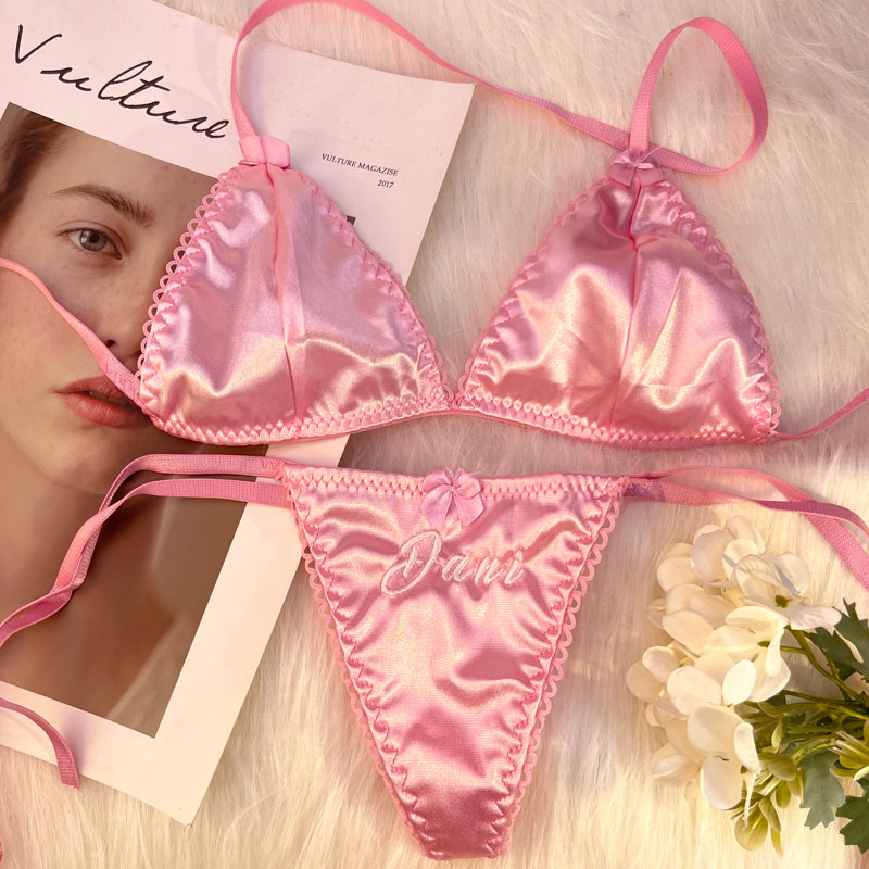 Embroidery Underwear - Custom Name Thongs Triangle Bra Set