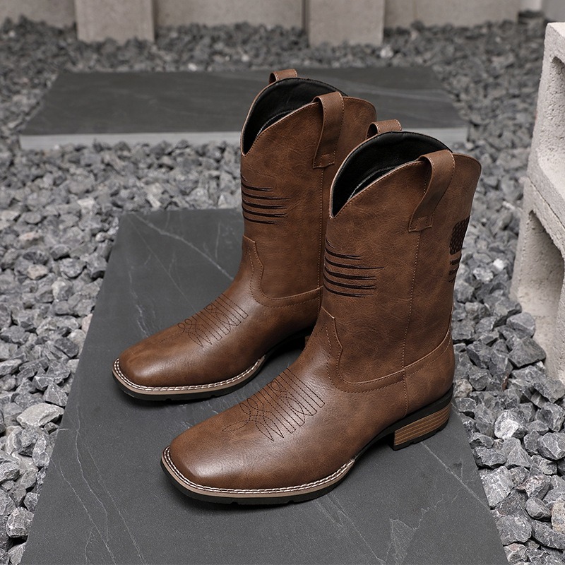 Men Western Cowboy Boots Squar - Embroidery On Leather review and price