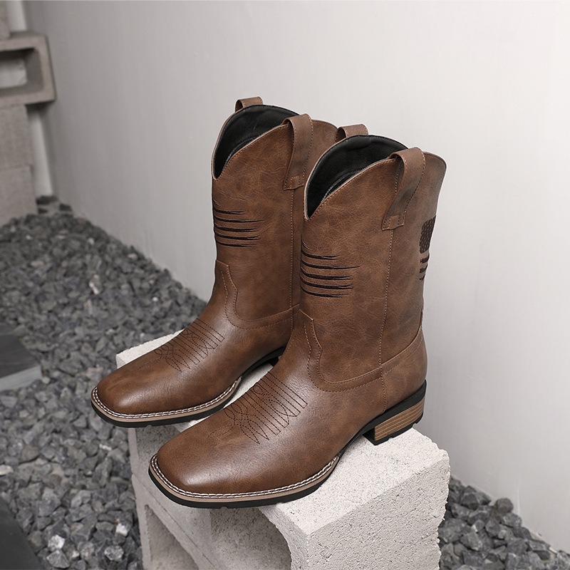 Men Western Cowboy Boots Squar - Embroidery On Leather review and price