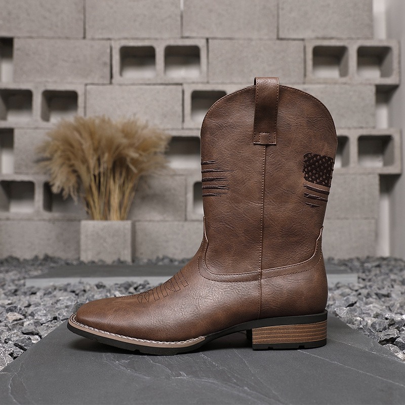 Men Western Cowboy Boots Squar - Embroidery On Leather review and price